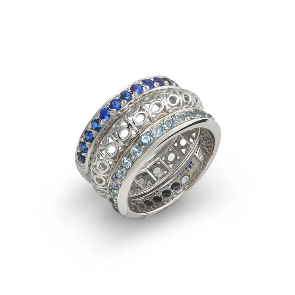 Set anelli oro bianco zaffiri blu acquamarina